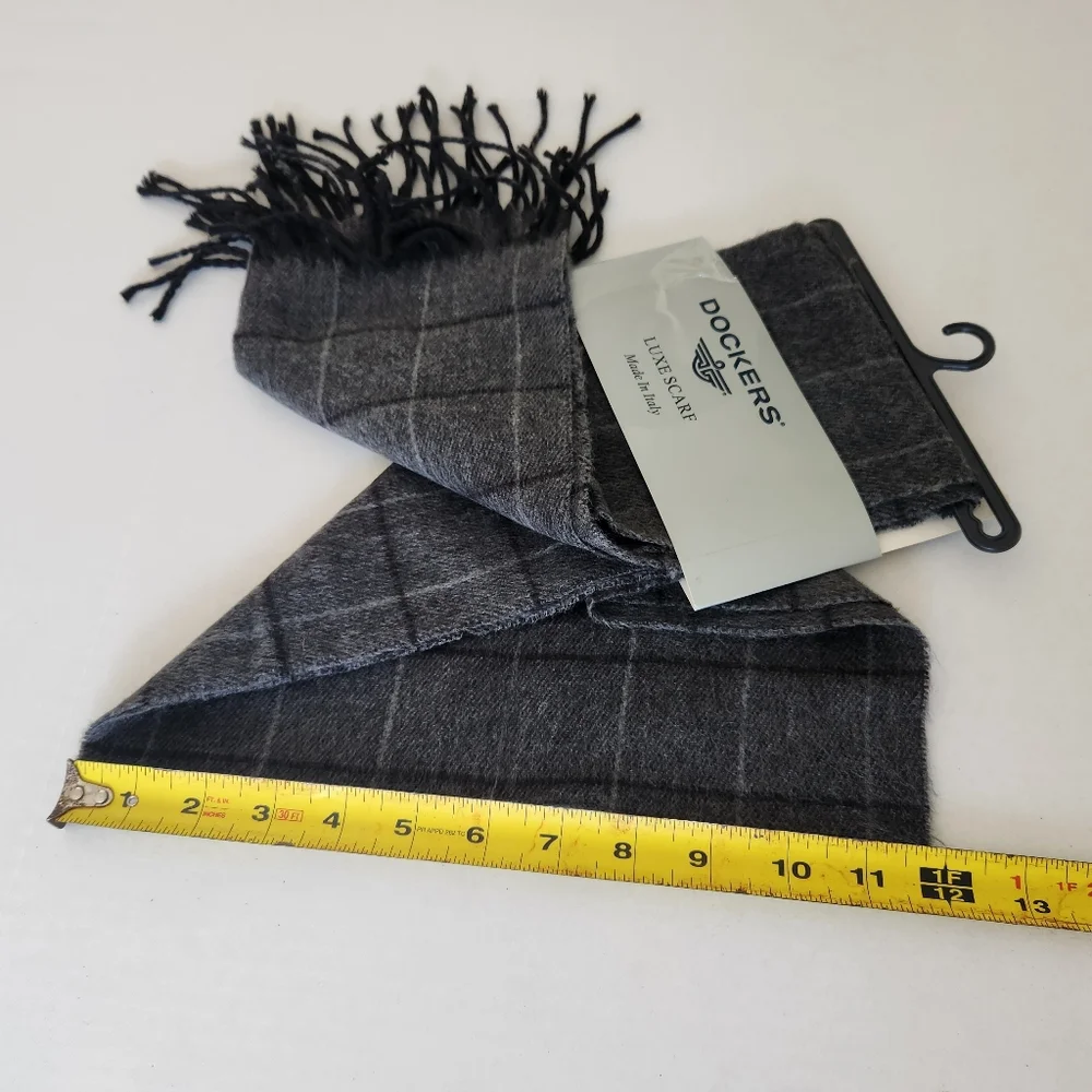Dockers Charcoal Black Checkered Fringed Luxe Scarf ~ Made in Italy ~ NWT